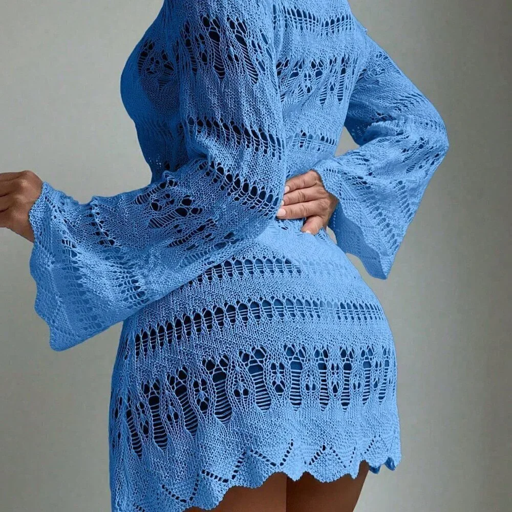 Blue Boho Womens Beach Hollow Out Scallop Trim Cover Up Dress Without Bikini Set